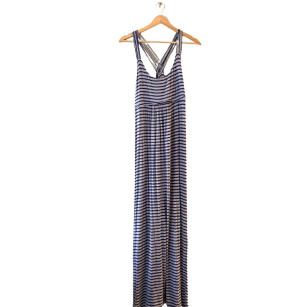 Calvin Klein Strappy Criss Cross Back Maxi Dress Size 14 Striped Gray Blue